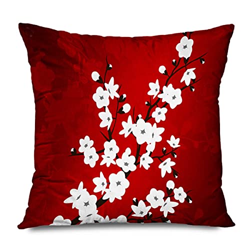 Zierkissen Asiatischer Japanischer Zen-Roter Baum-Ost-Aquarell-Weinlese-Blumen-Kirschblüten-Beige-Creme Dekokissen Retro Kissen-Bezug Für Sofa, Auto, Terrasse, 45X45Cm von Chengdou small pill bear trading Co., LTD