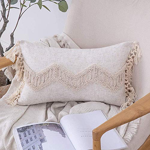 Chenso Quasten Kissenbezüge Bohemian Indian Stickerei Dekorative Square Throw Kissenbezug Kissenbezüge für Couch Wohnzimmer Schlafsofa mit unsichtbarem Reißverschluss 30x50cm-12x20Zoll_Weiß + Khaki von Chenso