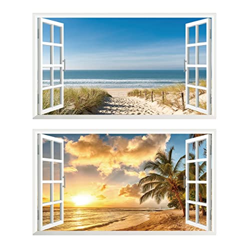 2Pcs Wandtattoo Meer Strand Beach Natur Landschaft 3D Effekt XXL Wandaufkleber Fenster Selbstklebend Wandsticker für Junge Mädchen Kinderzimmer Groß 1000mmx600mm V02 von Chicbanners