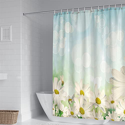 Chickwin Duschvorhänge Anti Schimmel, 3D Blumen Motiv Duschvorhang Wasserdicht Waschbar Bad Vorhang Polyester Badewanne Vorhang mit 12 Duschvorhangringe (180x200cm,Weiße Gänseblümchen) von Chickwin-Shop