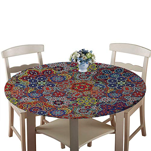 Chickwin Runde Tischdecke Wasserdicht Antifouling mit Elastische Kante, Exotische Mandala Blume Druck Tischschoner, Tischtuch aus Polyester für Küche, Esszimmer, Garten (Blume,Durchmesser 90cm) von Chickwin-Shop