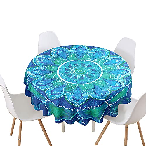 Chickwin Tischdecke Runde Wasserdicht Abwaschbar Mandala-Muster Bedruckte Tischschoner Fleckschutz,Tischtuch aus Polyester für Küche,Esszimmer,Garten,Balkon oder Camping (Blaugrüne Blume,120cm) von Chickwin-Shop