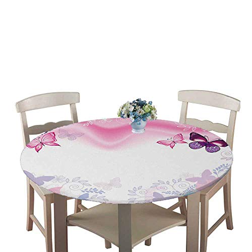 Chickwin Tischdecke Runde Wasserdicht Abwaschbar Schmetterlingsdruck Tischschoner Elastische Kante, Tischtuch aus Polyester für Küche, Esszimmer, Garten, Balkon (Pinke Blumen,120cm) von Chickwin-Shop