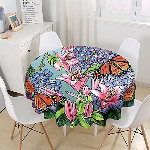 Chickwin Wasserdicht Tischdecke Runde Abwaschbar, 3D Schmetterling Blumen Bedruckte Tischdecken,Tischtuch aus Polyester, Tischdekoration Benutzt für Küche, Esszimmer, Garten (Lilie,120cm) von Chickwin-Shop