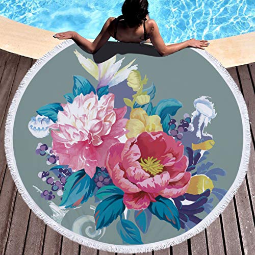 Mikrofaser Runde Strandtuch mit Quaste, Chickwin 3D Blume Schnelltrocknend Kompakt Badetuch Sandfreie Handtuch Reisehandtuch für Strand Schwimmen Yoga Tapestry (Pfingstrose,Durchmesser 150cm/59) von Chickwin-Shop