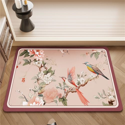 Chickwin Badematte rutschfest Saugfähig, Pfingstrosenblüten Vogel Muster Schnelltrocknend Absorbierende Badematten Badematte Diatomite Bath Mat Badezimmermatte (Rosa Kolibri,40x60cm) von Chickwin