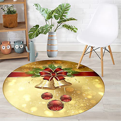 Chickwin Teppich Rund Weihnachten, Schneeflocke Muster rutschfeste Teppiche für Wohnzimmer Flanell Flauschig Weich Moderne Fußmatte für Schlafzimmer Küche (Goldene Glocke,Durchmesser 60cm) von Chickwin