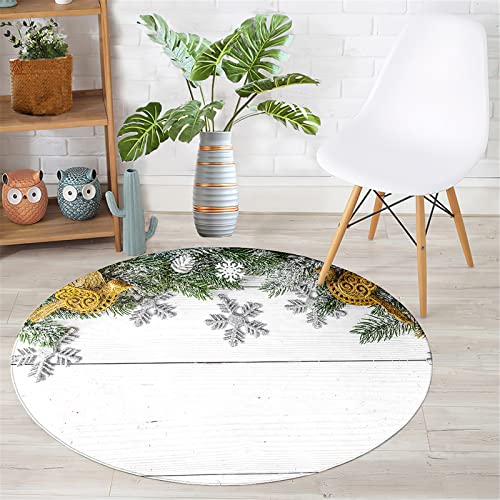 Chickwin Teppich Rund Weihnachten, Schneeflocke Muster rutschfeste Teppiche für Wohnzimmer Flanell Flauschig Weich Moderne Fußmatte für Schlafzimmer Küche (Kiefernblätter,Durchmesser 100cm) von Chickwin