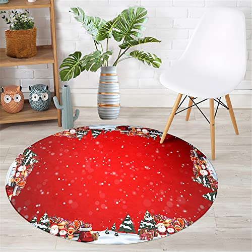 Chickwin Teppich Rund Weihnachten, Weihnachtsmann Muster rutschfeste Teppiche für Wohnzimmer Flanell Flauschig Weich Fußmatte für Schlafzimmer Kinderzimmer-1 (Durchmesser 120cm,Frohe Weihnachten) von Chickwin