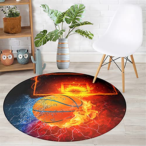 Chickwin Teppich Rund rutschfest, Ball Muster Sport Stil Teppiche für Wohnzimmer Moderne Groß Flanell Flauschig Weich Fußmatte für Schlafzimmer Kinderzimmer (Basketballkorb,Durchmesser 100cm) von Chickwin