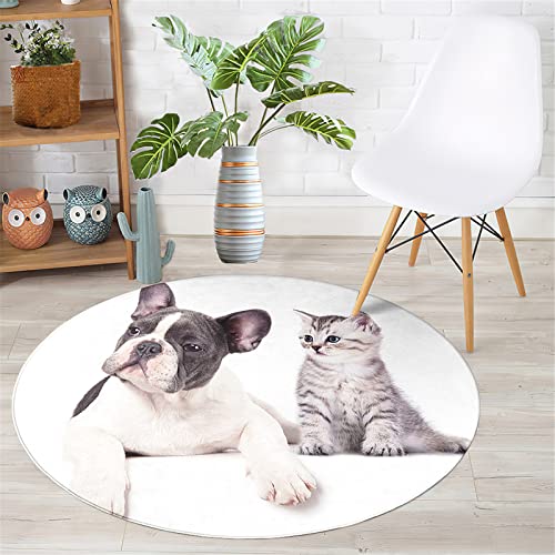 Chickwin Teppich Rund rutschfest, Hund Muster Teppiche für Wohnzimmer Moderne Groß Flanell Flauschig Weich Fußmatte für Schlafzimmer Kinderzimmer Küche (Französische Bulldogge,Durchmesser 80cm) von Chickwin