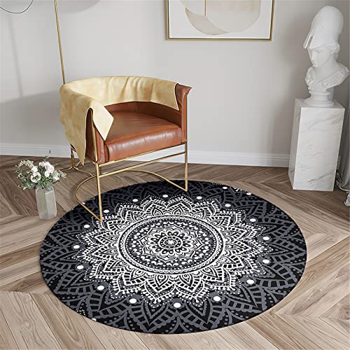 Chickwin Teppich für Wohnzimmer Rund, Mandala Stil rutschfeste Teppiche Flanell Flauschig Weich Moderne Fußmatte für Schlafzimmer Kinderzimmer Küche Dekoration (Durchmesser 120cm,Schwarz) von Chickwin