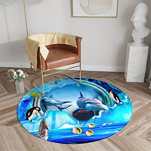 Chickwin Teppich für Wohnzimmer Rund, Meerestiere Muster rutschfeste Teppiche Flanell Flauschig Weich Moderne Fußmatte für Schlafzimmer Kinderzimmer Küche (Durchmesser 120cm,Karikatur Delfin) von Chickwin