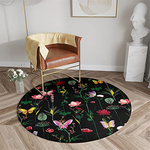 Chickwin Teppich für Wohnzimmer Rund, Schmetterling Muster rutschfeste Teppiche Flanell Flauschig Weich Moderne Fußmatte für Schlafzimmer Kinderzimmer (Durchmesser 60cm,Grüne Pflanzen) von Chickwin