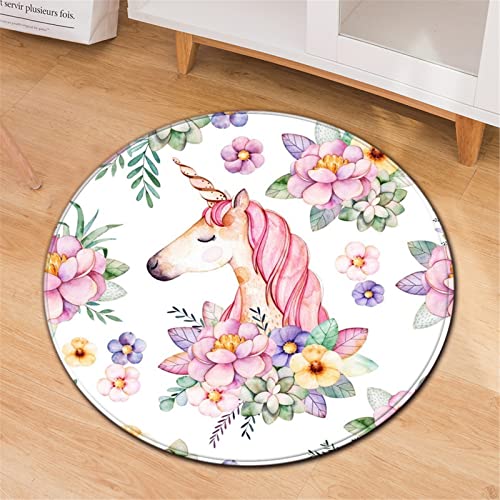 Chickwin Teppiche für Wohnzimmer Rund, Karikatur Stil Teppich Modern Schlafzimmer Groß Flauschig Weich rutschfest Fußmatte für Kinderzimmer Dekoration (Rosa Einhorn,Durchmesser 40cm) von Chickwin