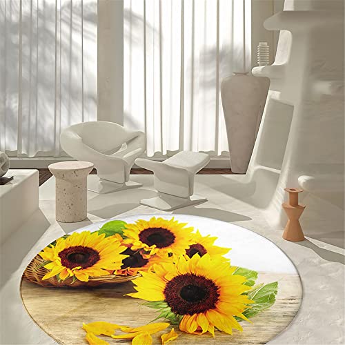 Chickwin rutschfeste Teppich Rund, 3D Blumen Muster Teppich für Wohnzimmer Moderne Flauschig Weich Teppiche Fußmatte für Schlafzimmer Kinderzimmer Küche (Gelbe Sonnenblume,Durchmesser 60cm) von Chickwin