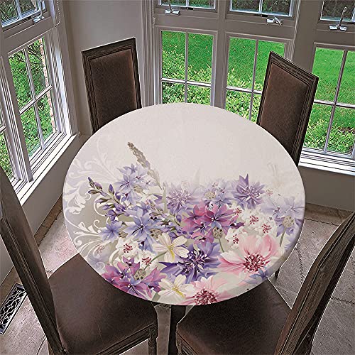 Chickwin Runde Tischdecke Wasserdicht Abwaschbar mit Elastische Kante, 3D Elegant Blumig Bedruckte Tischschoner, Tischtuch aus Polyester für Küche, Restaurant, Garten (Lila Romantik,100cm) von Chickwing