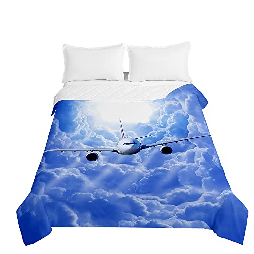 Chickwin Tagesdecken Bettüberwurf, 3D Flugzeug Drucken Herbst Winter Tagesdecke mit Prägemuster Wohndecke aus Mikrofaser Bettdecke für Einzelbett Doppelbett oder Kinder (Weißes Flugzeug,130x150cm) von Chickwing