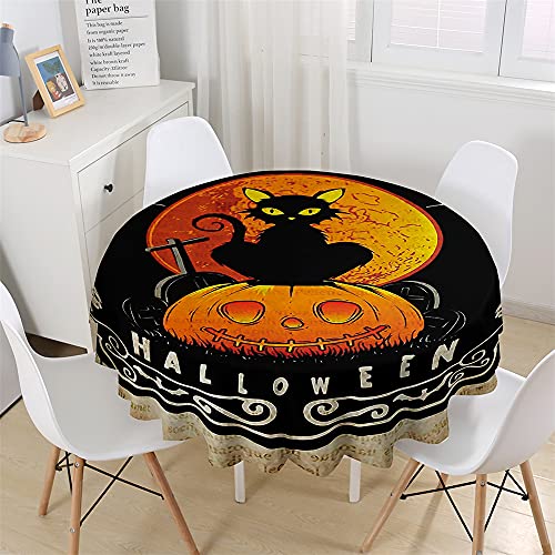 Chickwin Wasserdicht Runde Tischdecke 3D Halloween Kürbis Schwarze Katze Bedruckte Tischdecke, Abwaschbar Tischtuch, Tischdekoration Benutzt für Küche, Esszimmer, Garten (Vollmond,180cm) von Chickwing