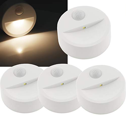 LED Nachtlicht Stufenlicht mit Bewegungsmelder 4 Stück Batterie 3x AA Mignon Lichtsensor 70x32mm Runde Batterieleuchte mit 90° PIR Sensor Licht Warmweiß von ChiliTec