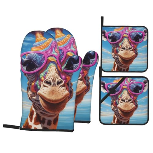 Chrysm Ofenhandschuhe und Topflappen-Set, Motiv: schelmische Giraffe, Ofenhandschuhe, Mikrowelle, Grill, hitzebeständig von Chrysm