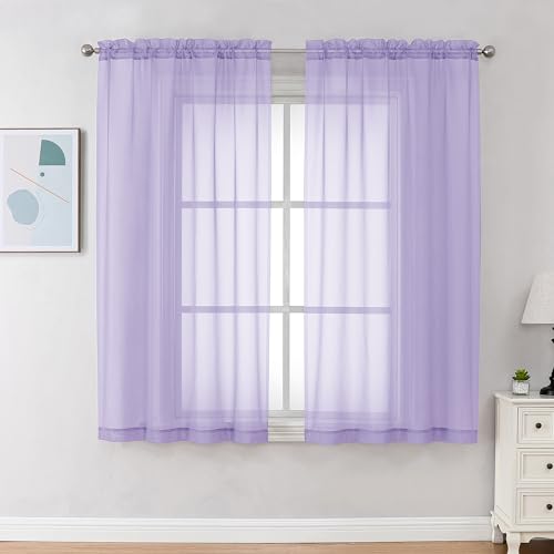 Chyhomenyc Durchsichtige Vorhänge, 114 cm lang, 2 Paneele, lichtfilternde Stangentasche, Voile, kurze Küchenvorhänge, Vorhänge für Wohnzimmer, Schlafzimmer, kleine Fenster, 106 x 114 cm (B x L), Lila von Chyhomenyc