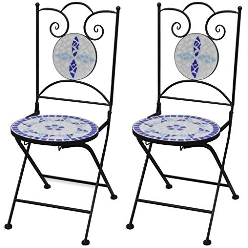 Cikonielf 2 Stück Klappstühle mit Mosaik-Dekoration, Bistrostuhl, Outdoor-Stuhl für Balkon, Terrasse oder Garten, 37 x 44 x 89 cm, Blau + Weiß von Cikonielf