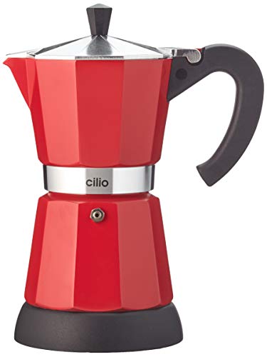 cilio Espressokocher Classico für 6 Tassen | elektrisch 480W | Ø 11,5 cm Höhe: 25 cm | Aluminium | Rot | integrierte Herdplatte | mit Warmhaltefunktion und Reduziersieb | für Reisen oder Camping von Cilio
