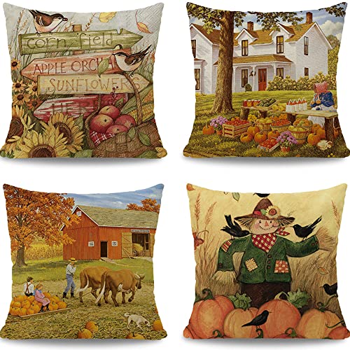 Cirzone Herbst Kissenbezug 45 x 45 cm 4er Set Bauernhof Vogelscheuche Herbst Dekorative Kissen Herbst Deko Herbst Dekoration für Home Garten Sofa Schlafzimmer von Cirzone