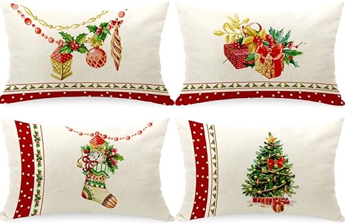 Cirzone Kissenbezug Weihnachten 30x50 cm 4er Set Weihnachten Deko Kissen Weihnachten Weihnachtsbaum Weihnachtsstrümpfe Schachtel Weihnachten Dekoration für Home Sofa Garten Schlafzimmer von Cirzone