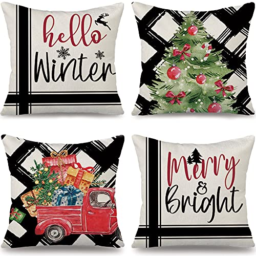 Cirzone Kissenbezug Weihnachten 40x40 cm 4er Set Weihnachten Deko Kissen Weihnachten Roter LKW Weihnachtsbaum Weihnachten Dekoration für Home Sofa Garten Schlafzimmer von Cirzone