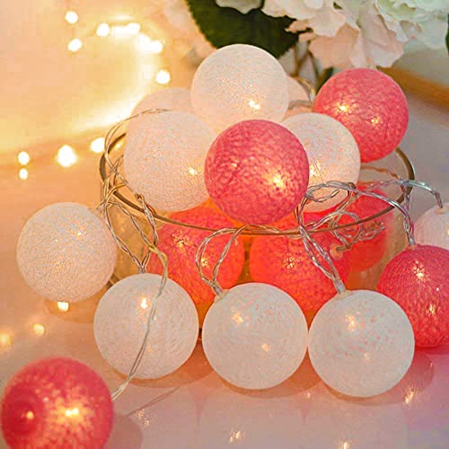 LED Lichterkette mit 20 Baumwollkugeln, Rosa Lichterketten Cotton Ball Nachtlicht Hochzeit Weihnachten Mädchen Kinderzimmer Innen Deko von Ciskotu