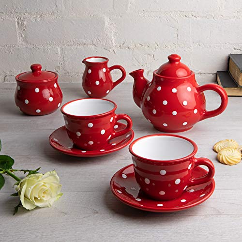 City to Cottage® - Keramik Tee Kaffee Set für 2 | Rot und Weiß | Polka Dots | Handgemacht | Keramik Teekanne Kaffeekanne 750 ml, Milchkännchen, Zuckerdose, 2 Tassen mit Untertassen von City to Cottage