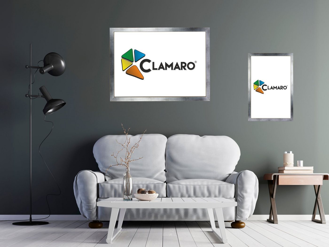 Clamaro Bilderrahmen Bilderrahmen CLAMARO 'Collage' handgefertigt nach Maß FSC® Holz Moderner eckiger MDF Rahmen inkl. Acrylglas, Rückwand und Aufhänger 80x120 in silber gebürstet von Clamaro