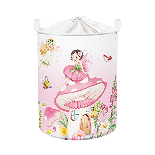 Clastyle 45L Feen Pilz Schmetterlinge Blume Rosa Baby Mädchen Wäschekorb Spielzeug Kleidung Aufbewahrungskorb für Kinderzimmer, 36x45 cm von Clastyle