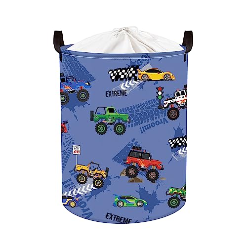 Clastyle 45L Wäschekorb Blau Baby mit Rennwagen Faltbar Wäschesammler Rund mit Henkel für Babyzimmer Kinder Aufbewahrungskorb Kinderzimmer von Spielzeug, 36x45 cm von Clastyle