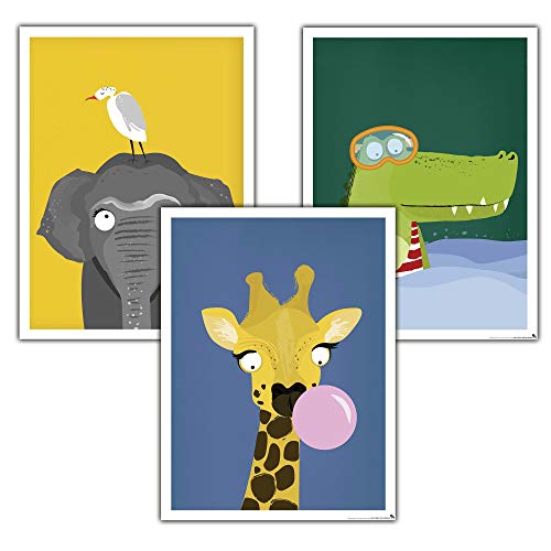 Close Up Kinderzimmer Poster Afrika 3er-Set (30 x 40 cm | 11,8x15,7") Babyzimmer Deko Bilder, Tiere Kunstdruck - Elefant, Giraffe & Krokodil von Close Up