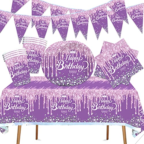 42Pcs Gebutstag Party Set, Diamant Lila Partygeschirr Kindergeburtstag Deko, Kinder Partyzubehör,Pappbecher Teller Tischdecke Servietten Dreieckige Flagge, für Junge Mädchen Geburtstag Party Supplies von Clvsyh