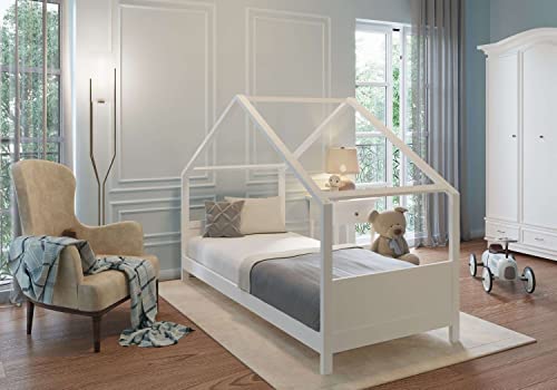 Coemo Hausbett Sonja 90x200 cm mit Dach Kinderbett Weiß mit Lattenrost aus Holz Kiefer von Coemo
