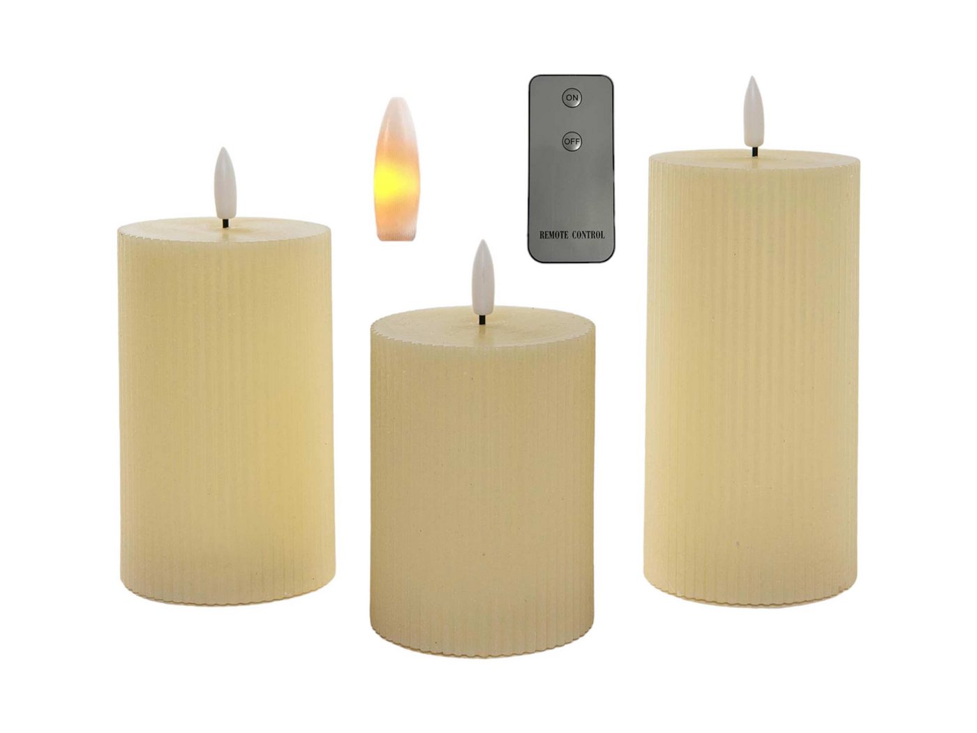 Coen Bakker Deco BV LED-Kerze Wax Candles (Set, 4-tlg., mit Fernbedienung), 3 Stück elfenbein Fernbedienung 10, 12.5 und 15cm geriffelt von Coen Bakker Deco BV