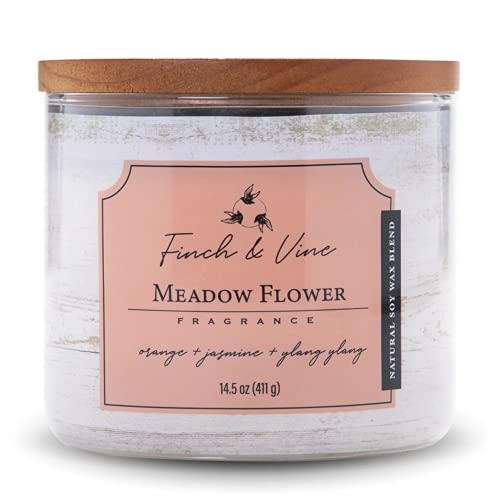 Colonial Candle 3-Docht im Glas mit Holzdeckel - Meadow Flower (411g) - Das Blumige Aroma für dein Zuhause - Duftkerze mit bis zu 60h Brenndauer - Sojawachsmischung von Colonial Candle