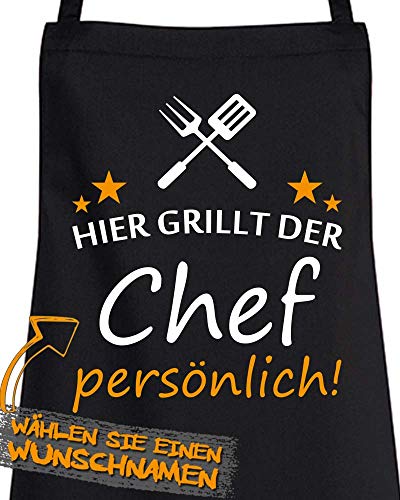 Comedy Grill Schürze - Hier GRILLT DER Wunschname PERSÖNLICH - Motiv 6" - Schwarz/Weiss-Orange von Comedy Grill