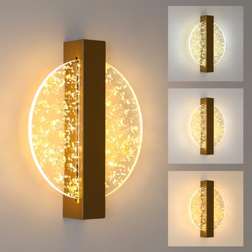 Comely LED Wandleuchten Innen Dimmbar, Gold 12W Rund Kreative Acryl LED Wandlampe 3000K/4500K/6500K, Wandleuchte Modern Nachttischlampe Schwarz für Wohnzimmer, Schlafzimmer, Treppenhaus, Flur von Comely