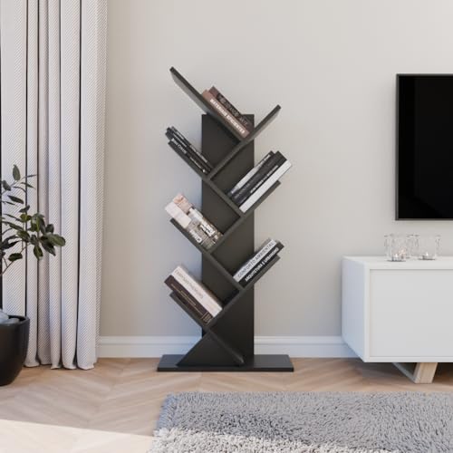 ComfortCove Baum Bücherregal, Schreibtisch Bücherregal, Bodenstehendes Bücherregal, Lagerregal für Wohnzimmer, Heimbüro, Schlafzimmer oder Küche, 7 Regale, Schwarz von ComfortCove