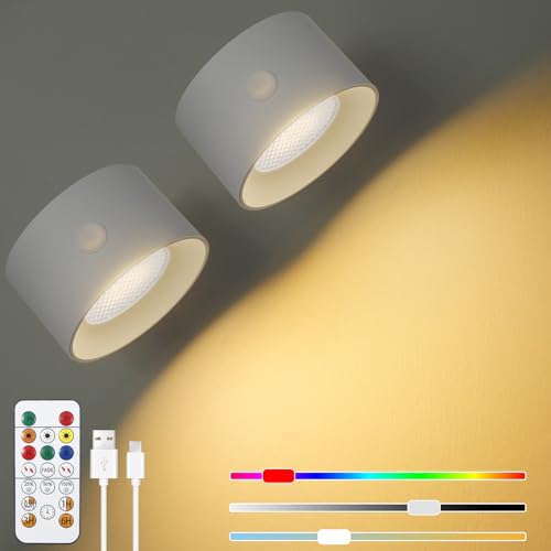 Comius Sharp LED Wandleuchte 2 Stück, RGB Wandlampe ohne stromanschluss mit 3 Helligkeitsstufen und 16 Farbe, 360° Drehbarer Wandleuchte Akku für Wohnzimmer Schlafzimmer Flur Kabellose Wandleuchten von Comius Sharp