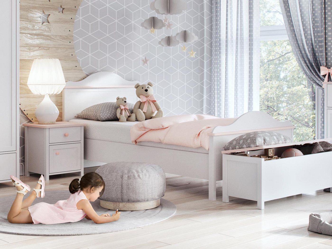 Compleo Bett Kinderbett Mädchenbett LARA mit Matratze und zwei Schubladen, Modern Kinderzimmer von Compleo