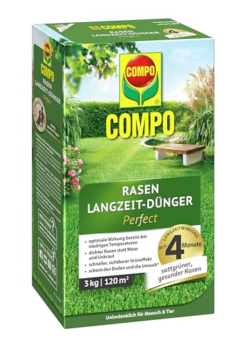 COMPO Rasendünger mit Langzeitwirkung - keine Chance für Moos und Unkraut - 3 kg für 120 m² - COMPO Rasen Langzeit-Dünger Perfect von Compo