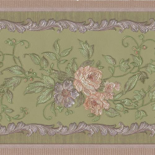 Tapetenbordüre Rosen Blätter Metallic Rosa Grün Blumen 9,5 cm x 15' 31616100 von CONCORD WALLCOVERINGS ™