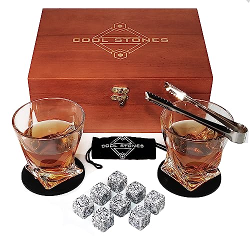 Whiskey-Steine und Whiskeyglas in Geschenkbox, 8 Granit-Kühl-Whisky-Steine, 2 Gläser in Holzbox, tolles Geschenk für Vatertag, Geburtstag oder zu jeder Zeit für den Vater, plus 2 gratis Untersetzer von Cool Stones