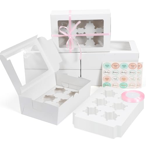 Coolty 20 Stück Cupcake Boxen 6 Löcher Karton Verpackung Boxen Bäckerei Gebäck Boxen mit Fenster und Einsätze für Cookies Muffins Cupcakes Desserts Torten (Weiß) von Coolty